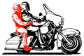 motorcylce with two seated figures, the rearward one set apart by being in red
